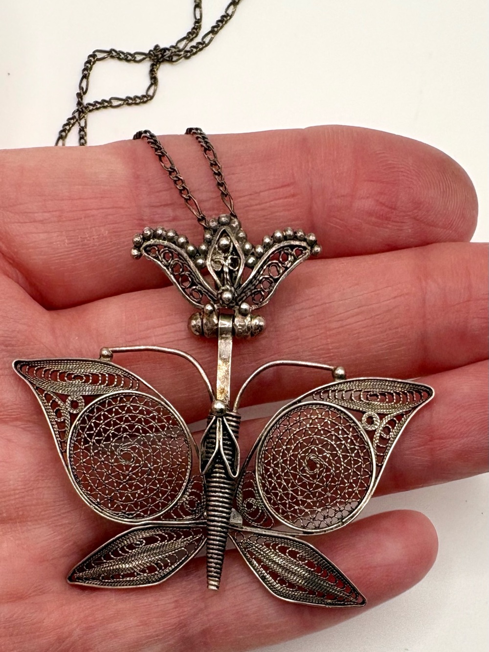 Vintage DGS Turkey 925 Sterling Silver Articulated Filigree Butterfly Necklace